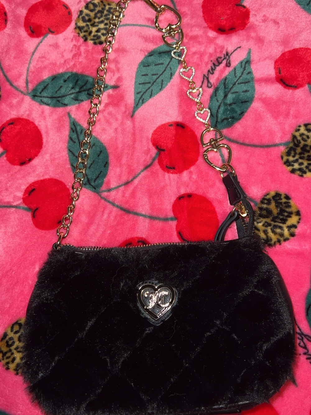 Juicy Couture Black Faux-Fur Quilted Heart Wristlet with Gold Chain